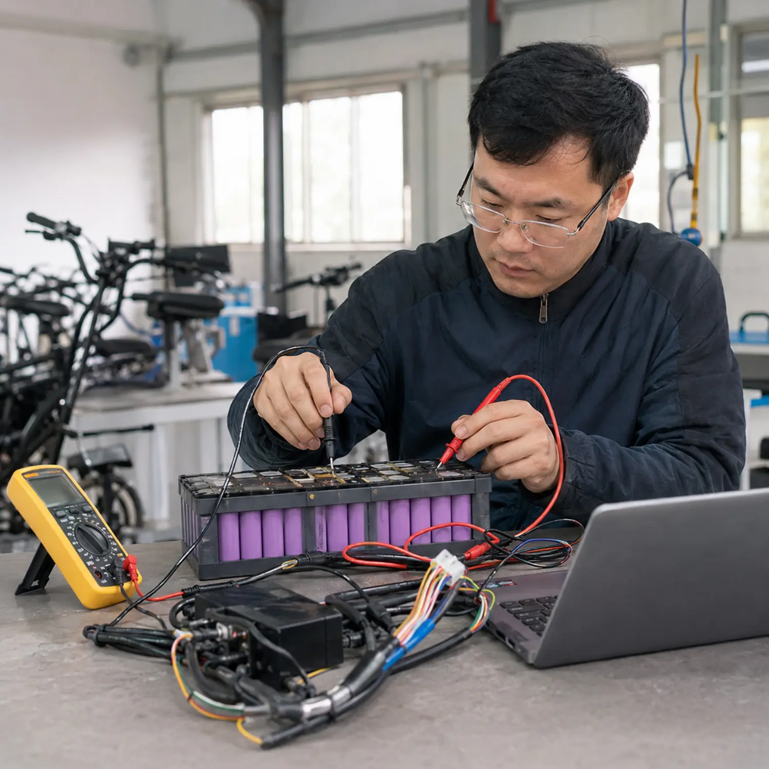 Technician reviewing electric bike battery pack and electrical layout for OEM production