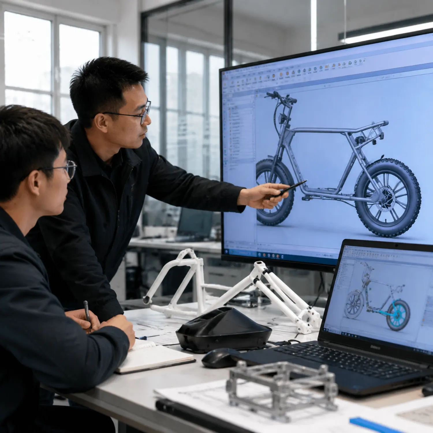 DYNAbike engineers reviewing electric bike frame structure and CAD design for OEM projects