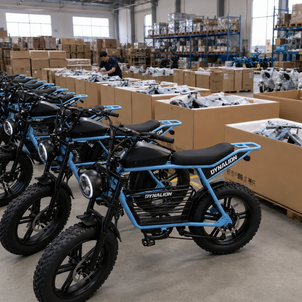 DYNAbike electric bikes prepared in a factory warehouse for packaging and export shipment